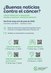 El Comité Técnico de la Asociación Española contra el Cáncer en Zaragoza organiza el ciclo de conferencias “¿Buenas noticias contra el cáncer?”